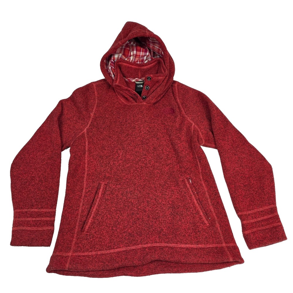 The North Face Womens Red Fleece Hoodie Pullover Plaid Lined Size L
